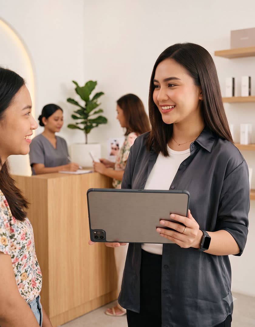 Pemilik salon memegang tablet di meja resepsionis