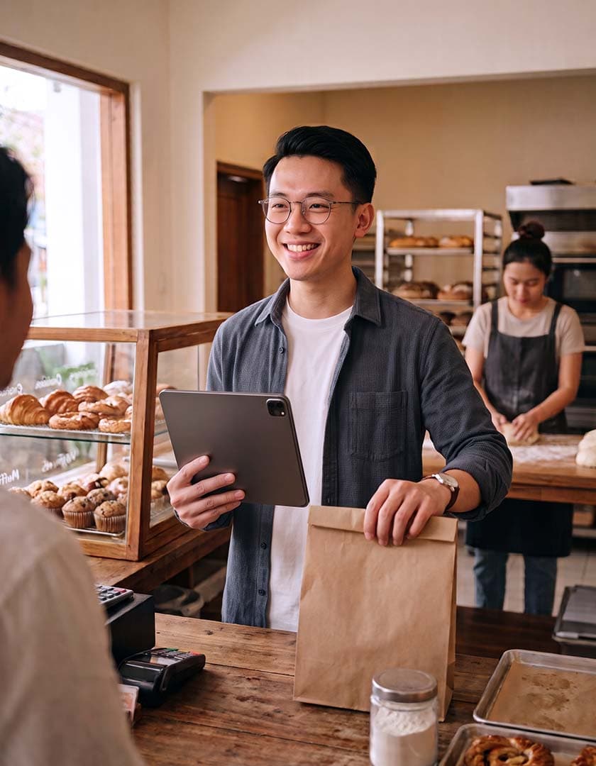 Pemilik bakery memegang tablet kasir