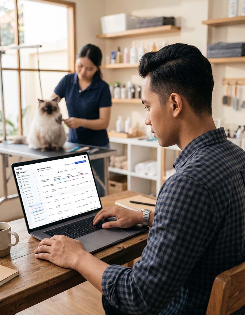 Pemilik usaha jasa mengelola invoice di laptop
