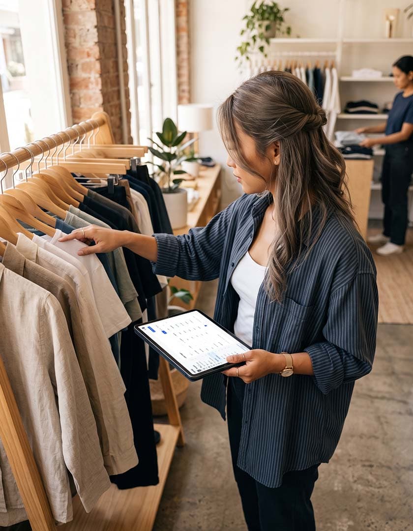 Pemilik butik mengecek stok pakaian dengan tablet
